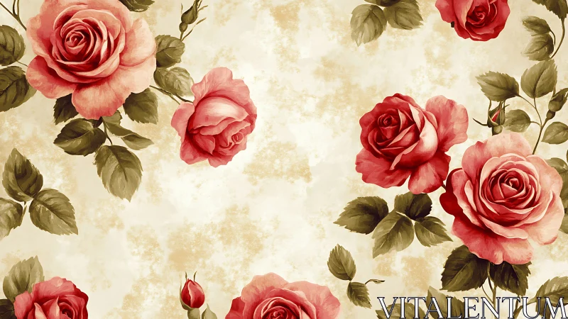 Red roses pattern on beige vintage floral background.