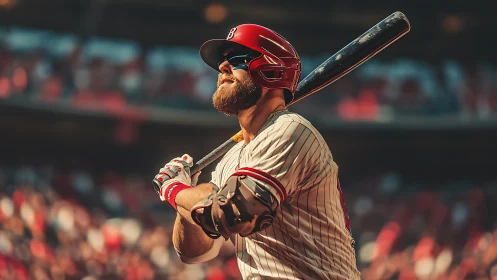 Bearded baseball slugger locks in under golden stadium light.