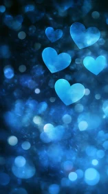 Blue luminescent hearts suspended in bokeh field with particle effects.