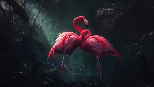 Tender flamingo pair glowing softly in a dreamy jungle.