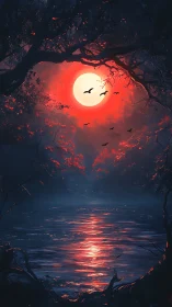 Blood-red moon over dark forest river at twilight.