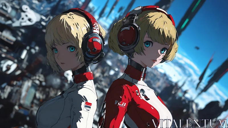 Twin android pilots under neon skies in vast megacity.