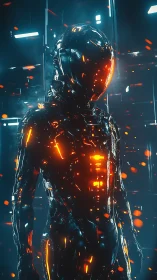 Emberlit android strides through a neon data storm