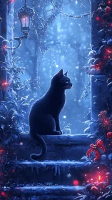 Black Cat Winter Vigil. Magical Snowy Scene.
