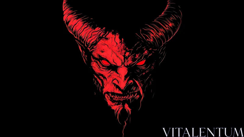 Demonic horned skull illustration in red on black field.