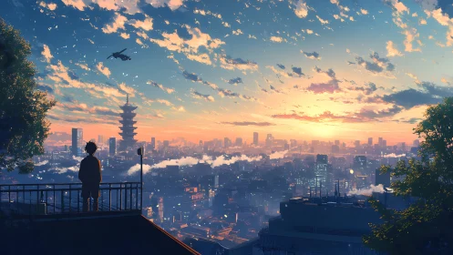 Solitary rooftop figure above glowing anime city sunset.