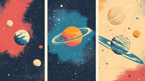 Stylized triptych of ringed planets and abstract starfields.