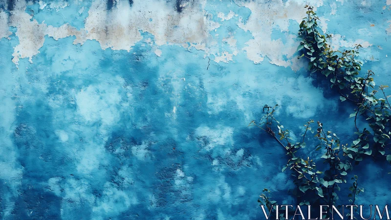 Weathered blue wall with climbing ivy quietly taking hold.