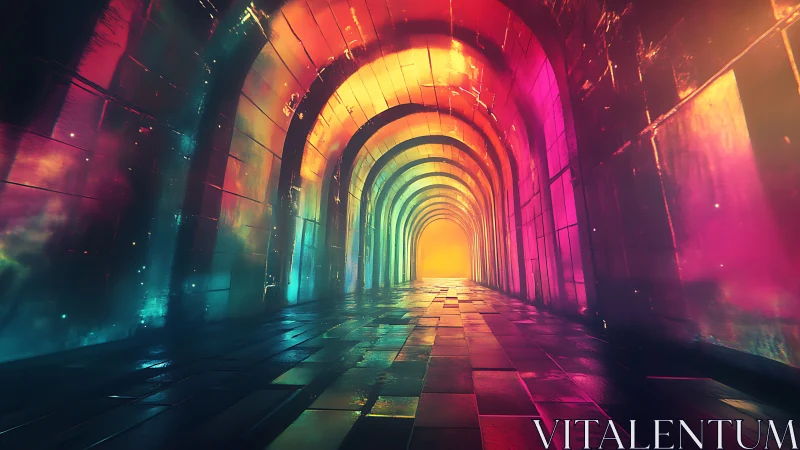 Luminous neon tunnel recedes toward distant glowing horizon