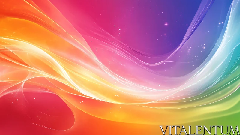 Flowing rainbow light sweeps across a dreamy cosmic sky