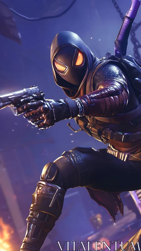 Hooded tactical figure aiming pistols in neon-lit scene.