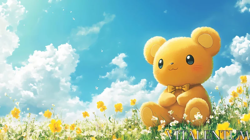 Digital plush bear sits in flower field under cumulus clouds