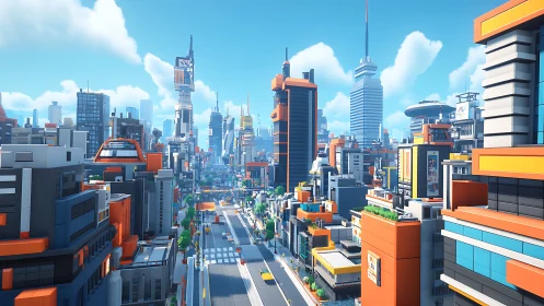 Bright futuristic city street under a friendly blue sky.