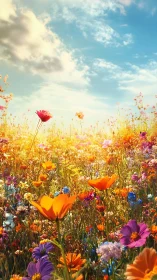 Vibrant Wildflower Field Under Azure Sky with Golden Sunlit Blooms.