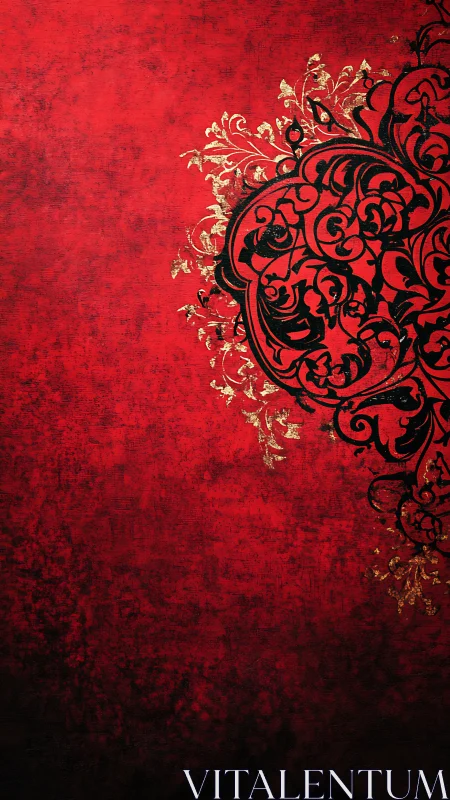 Ornate Black Filigree Pattern on Red Grunge Background