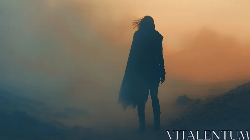 Lone cloaked wanderer strides through a misty orange dusk