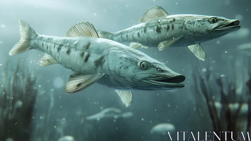 Silver barracuda duet gliding through teal seafloor hush.