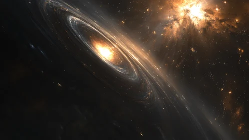 Spiral galaxy vortex with radiant core and distant nebula.