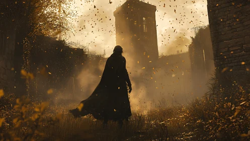 Cloaked wanderer in golden mist amid crumbling fortress ruins.