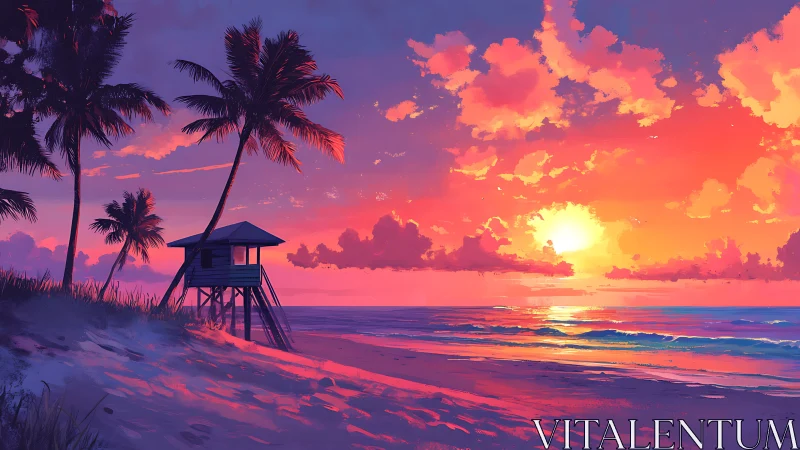 Radiant sunset over tropical lifeguard hut and shoreline.
