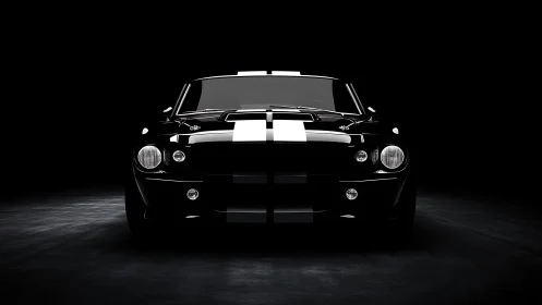 Front view of striped classic sports car in dark studio.