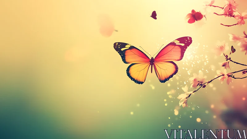 Glowing butterfly drifts through dreamy pastel spring light