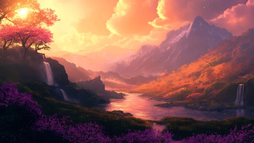 Dreamlit valley where crystal falls meet ember skies.