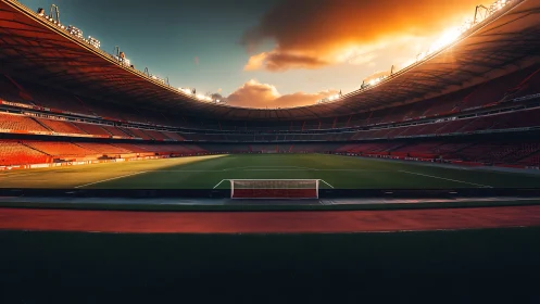 Sunlit football stadium stands quietly before kickoff