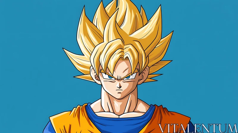 Golden-haired anime warrior ignites against clear blue sky.