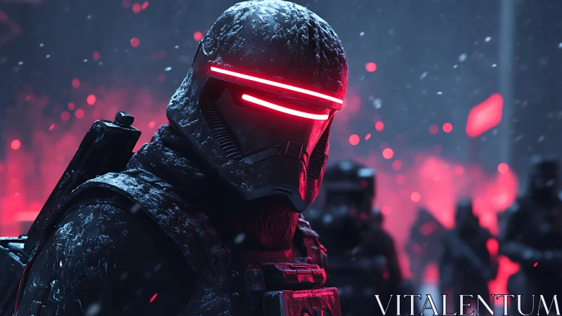 Snow‑dusted cyber soldier glowing with bold red visor.