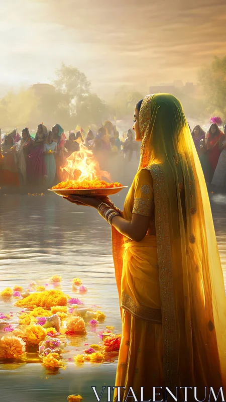 Golden river ritual glows as a woman offers light at dawn