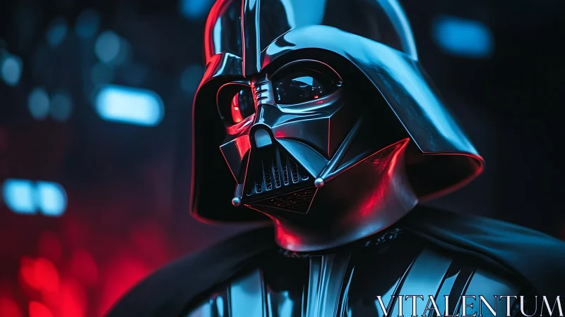 Specular-lit black helmet portrait under red and cyan rim light