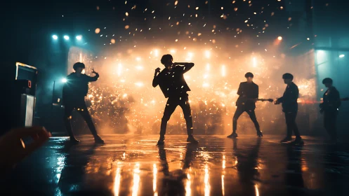 Silhouetted rock band under cinematic sparks on stage.