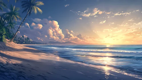 Sunlit tropical shoreline with calm waves at sunset.