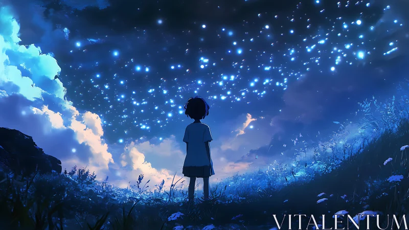 Stargazing child beneath a river of luminous midnight fireflies.