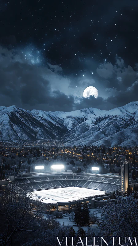 Moonlit stadium nestles under snowy mountains and starry sky