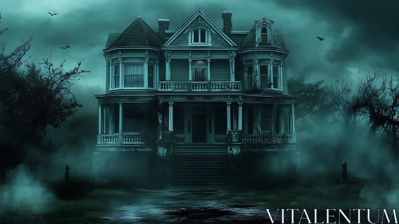 Fog-drowned Victorian manor brooding beneath a haunted sky.