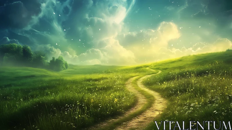 Sunlit winding path through luminous emerald meadows.