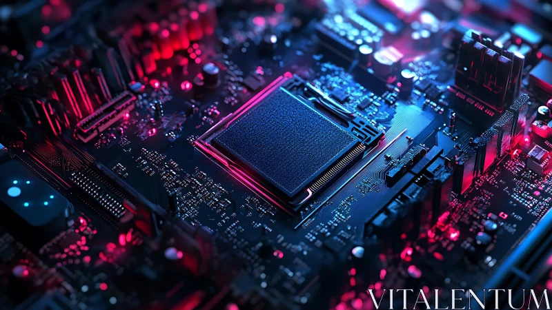 Neon lit circuit board cradling a quietly powerful processor.