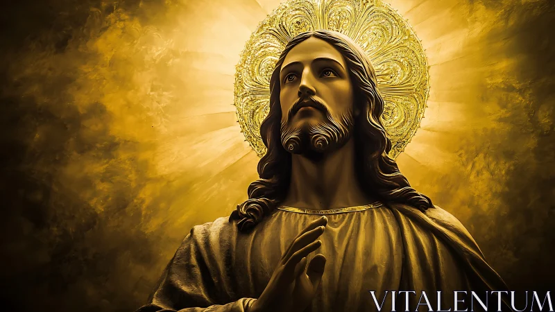 Radiant sacred portrait glows with golden spiritual light.