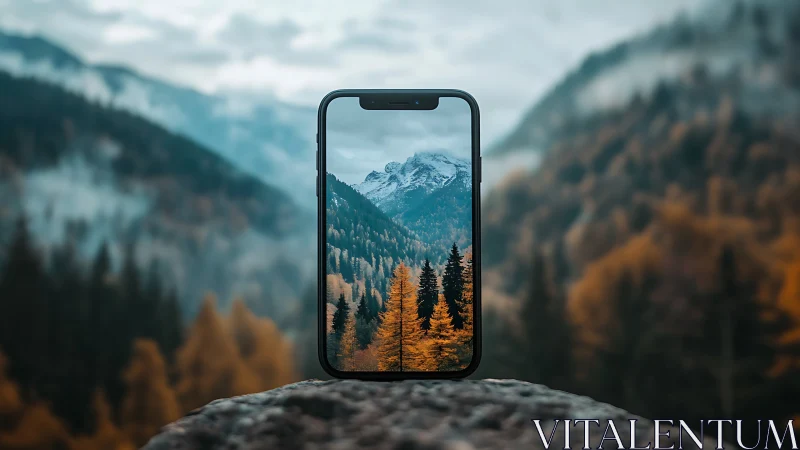 Smartphone frame isolates sharp alpine forest mountain view.