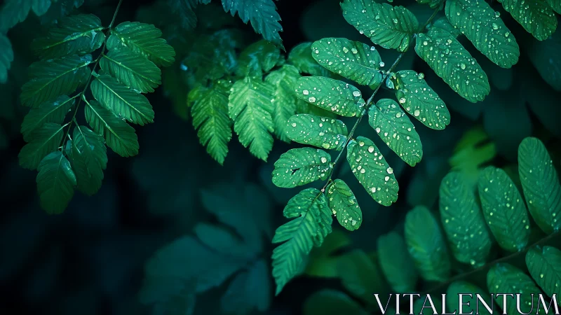 Compound green leaves with water droplets in soft focus.