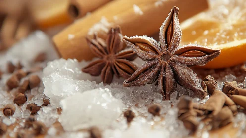 Star anise macro with frosted crystals and warm citrus glow.
