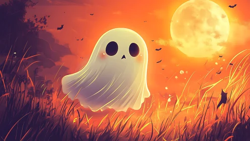 Cute cartoon ghost floating in glowing orange moonlight.