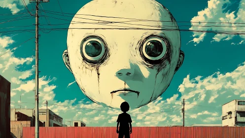 Colossal moon-eyed face haunts a lonely urban sky.