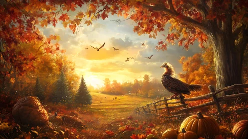 Autumn forest landscape shows bird on fence at glowing sunset