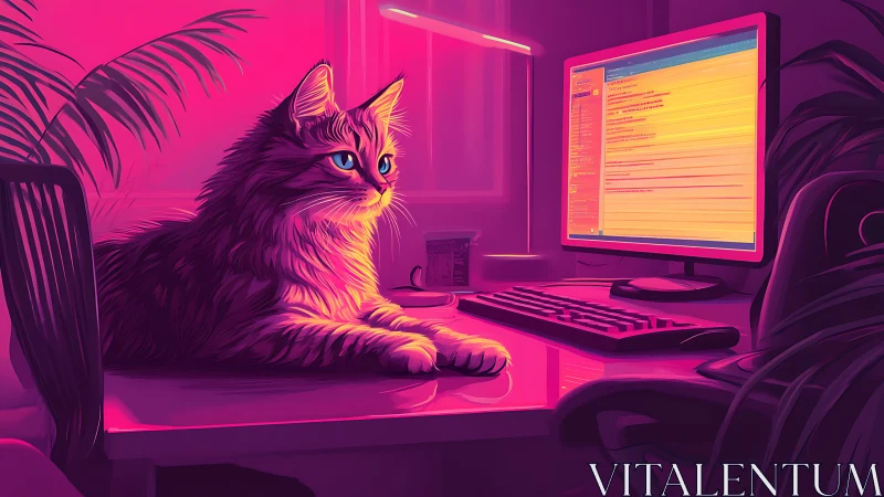Neon Cat at Digital Desk in Cyberpunk Room.