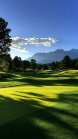Sunlit golf fairway with long tree shadows and mountain backdrop