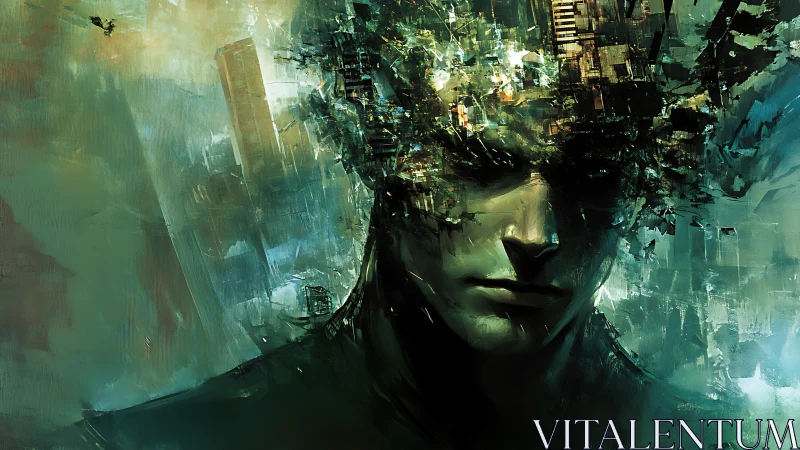 Fragmented digital mind emerges from shadowed teal void