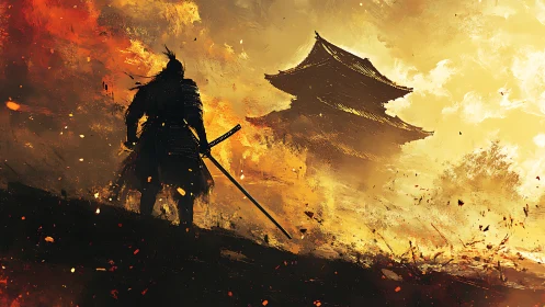 Armored samurai silhouette before burning pagoda horizon.